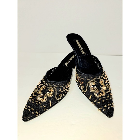 Coldwater Creek Shoes - Coldwater Creek Black Gold Beaded Slip On Kitten Heel Mule Shoes Size 7M
